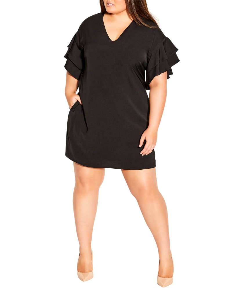 Front of a model wearing a size XXS Sunny Double Frill Dress in Black by City Chic. | dia_product_style_image_id:256479